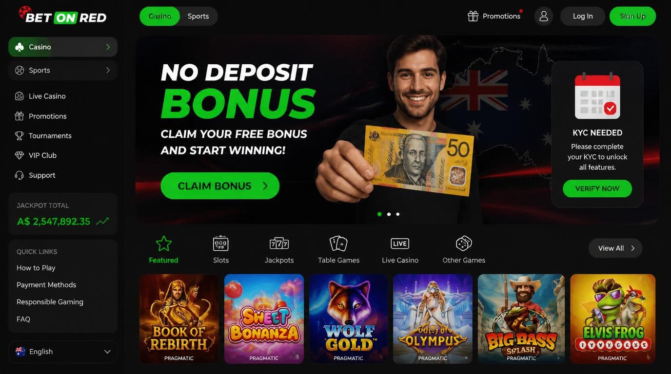 A casino bonus banner for no deposit, with Aussie bill and KYC icon