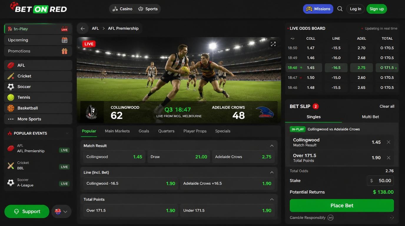 A live betting interface with dynamic odds on an AFL match