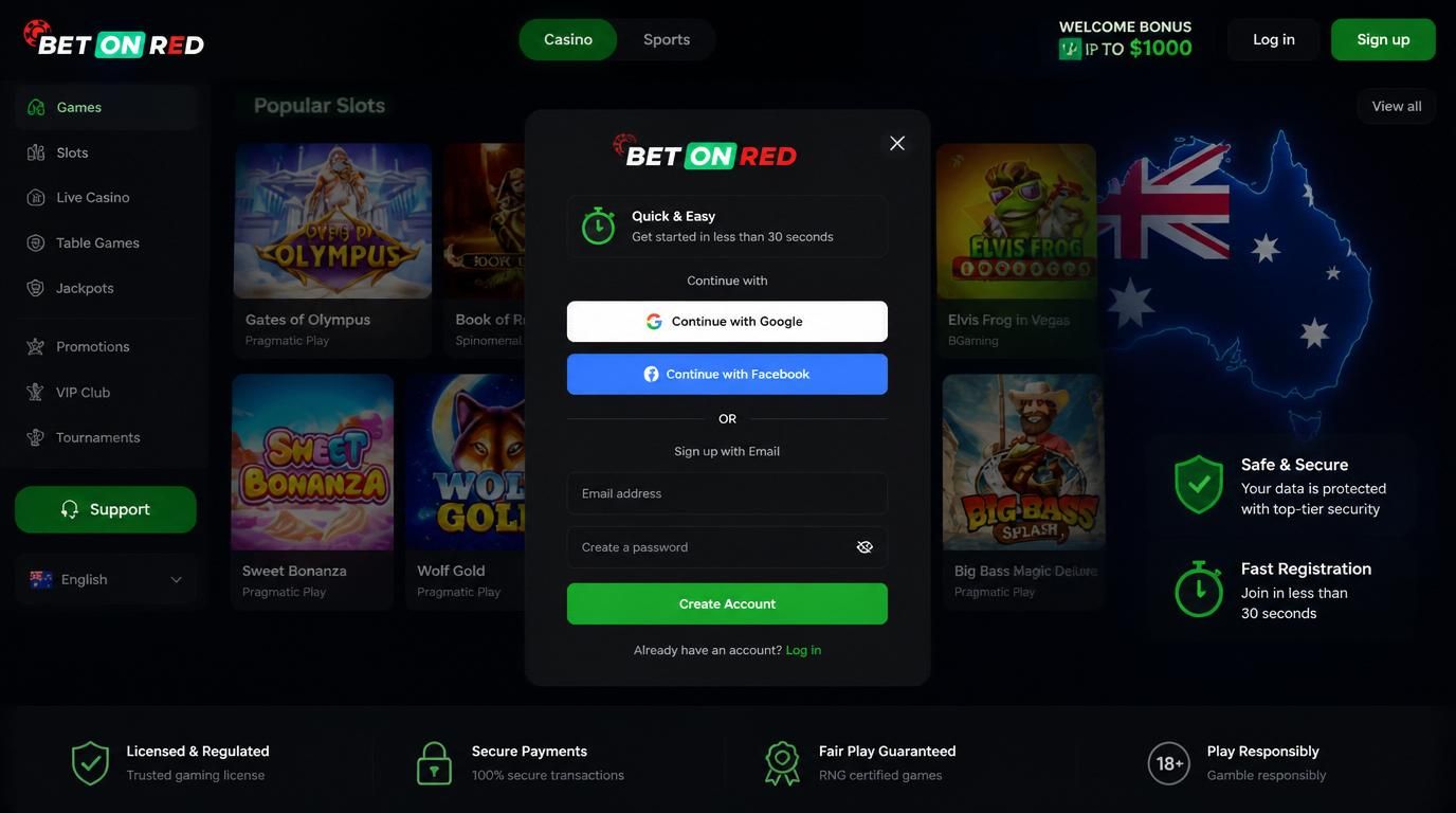 A registration screen showing both social/Google and email signup options for Australian users with security and speed elements