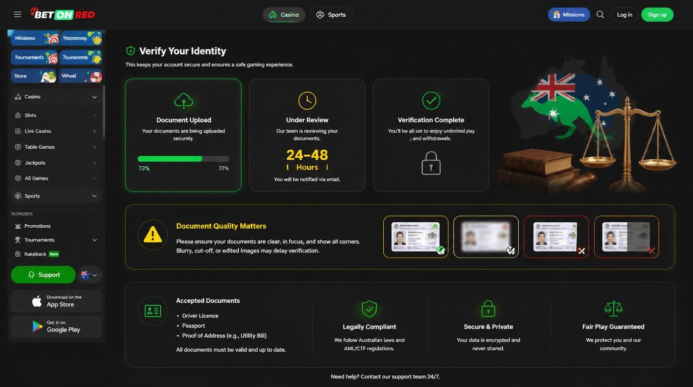Checklist items: photo ID, proof of address, payment proof for Aussie players verifying account