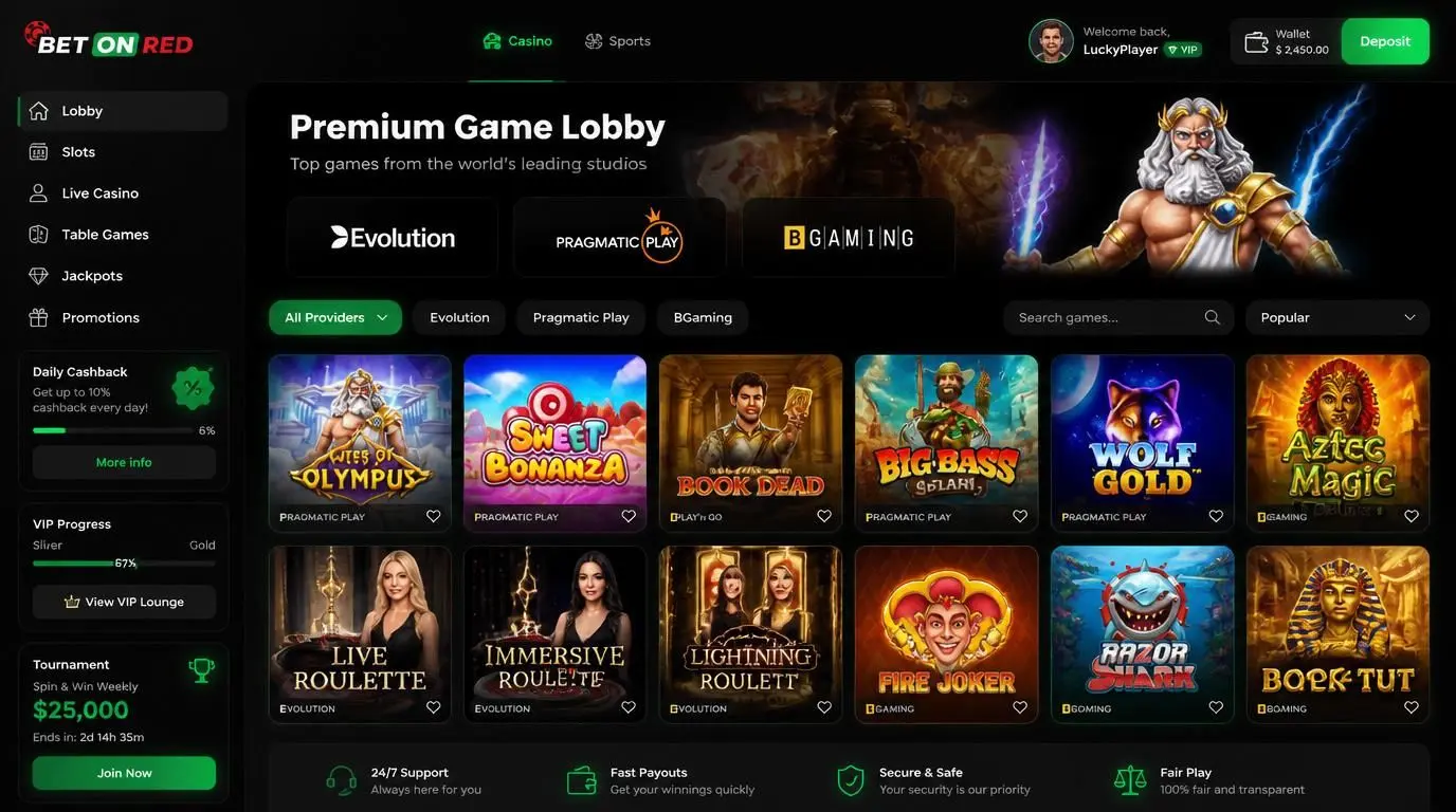 Game lobby with top providers and clean layout