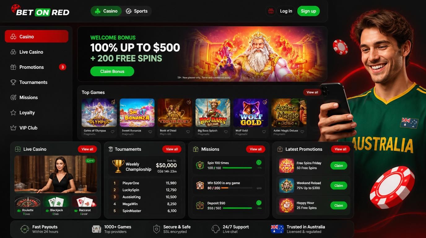 Slots, live casino, loyalty missions, promo features displayed